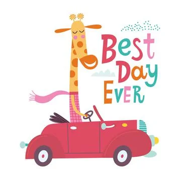 Cute giraffe is going by car. Vector illustration on a white background.  Stock Illustration