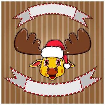 Cute Giraffe Head With Christmas Hat. Blank label and banner. Character, Ma.. Stock Illustration