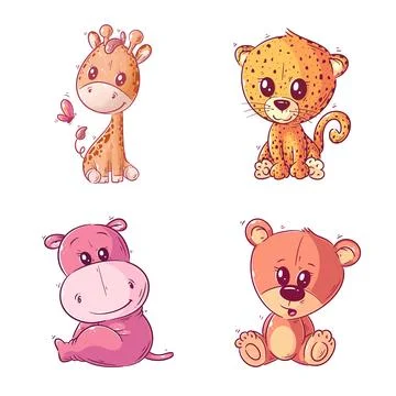 Cute giraffe, leopard, hippo and bear, hand drawn style set Stock Illustration
