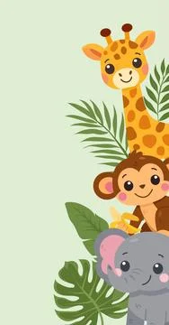 Cute giraffe, monkey, and elephant with jungle leaves on green background Stock Illustration