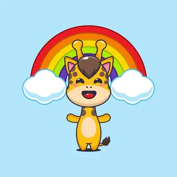Cute giraffe with rainbow cartoon vector illustration Stock Illustration