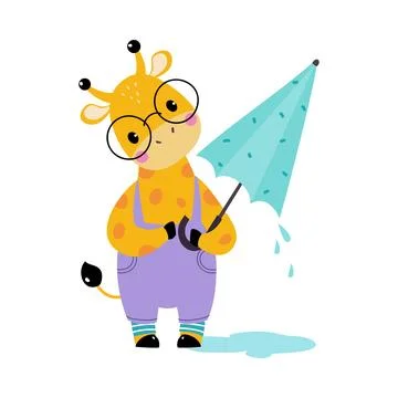 Cute Giraffe in Rainy Day Walking with Umbrella Vector Illustration Ilustración de archivo