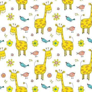 Cute Giraffe Seamless Pattern, Cartoon Hand Drawn Animal Doodles Vector Illus Stock Illustration