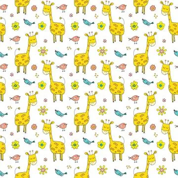 Cute Giraffe Seamless Pattern, Cartoon Hand Drawn Animal Doodles Vector Illus Stock Illustration