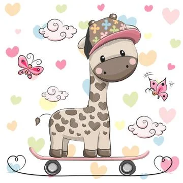 Cute Giraffe with skateboard Stock Illustration