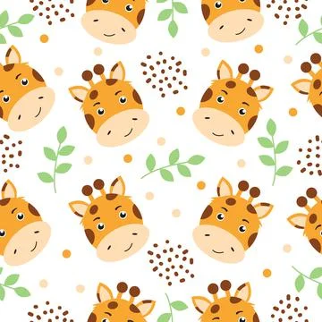 Cute giraffe on a white background with green twigs, leaves and dots Stock Illustration