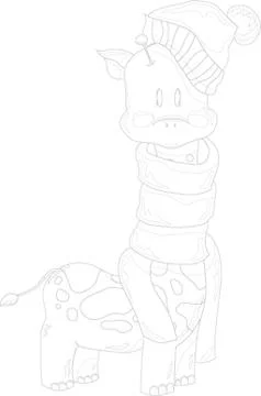 Cute giraffe in winter hat and scarf. Vector illustration in black and white. Stock Illustration