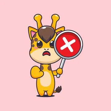 Cute giraffe  with wrong sign cartoon vector illustration Illustrazione stock