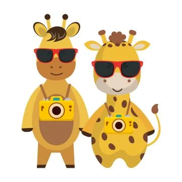Cute giraffes with camera and pineapple cocktail Stock Illustration