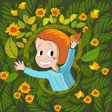 Cute girl in botanic garden hand drawn cartoon vector Stock Illustration