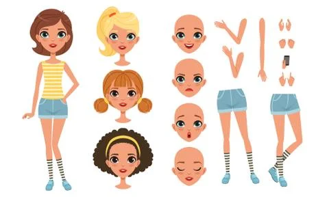Cute Girl Constructor for Animation, Front View of Female Character in Various Stock Illustration