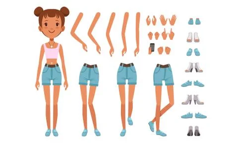 Cute Girl Constructor for Animation, Front View of Pretty Female Character in Stock Illustration