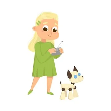 Cute Girl Creating and Programming Smart Dog Robot, Electronics Education, High Stockillustratie