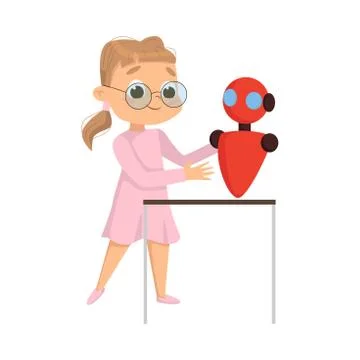 Cute Girl Creating and Programming Smart Robot, Kids Educational Project Cartoon 스톡 일러스트