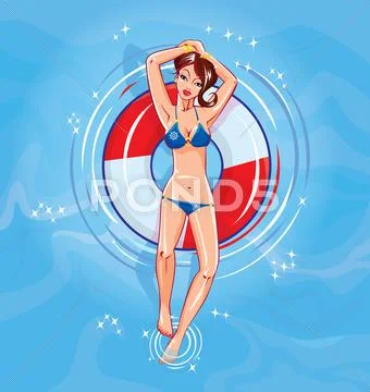 Cute girl dressing bikini floating on a lifebuoy in a swimming pool Stock Illustration
