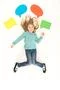 The cute girl gesture on the floor near the dialog signs. View from above Photo