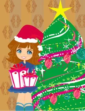 Cute girl with gift box near by Christmas Tree Stock Illustration
