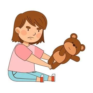 Cute Girl with Grumpy Face Sitting on the Floor with Toy Teddy Bear Vector Stock Illustration