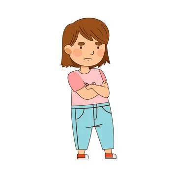 Cute Girl with Grumpy Face Standing with Crossed Arms Vector Illustration Stock Illustration