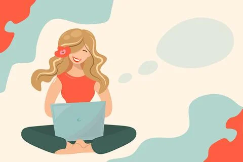 A cute girl is happy to work at the computer remotely. Freelance woman with l Illustrazione stock