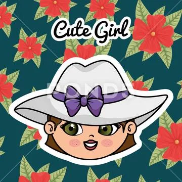 Cute girl head character with floral frame Stock Illustration