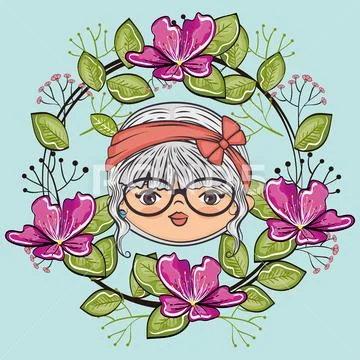 Cute girl head character with floral frame Stock Illustration