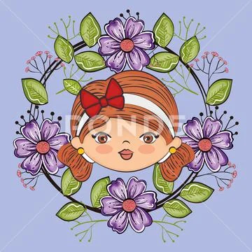 Cute girl head character with floral frame Stock Illustration