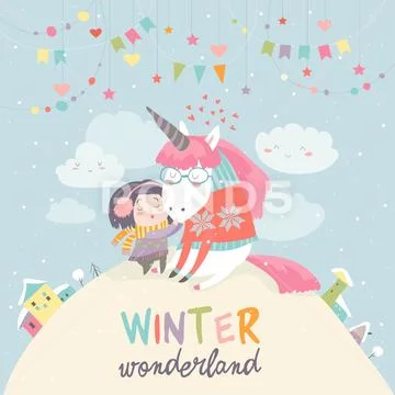 Cute girl hugging unicorn. Winter wonderland Stock Illustration
