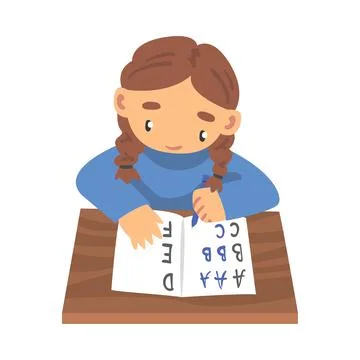 Cute Girl Learning to Write, Elementary School Student Making Homework Cartoon Stock Illustration
