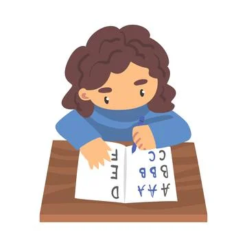 Cute Girl Learning to Write, Elementary School Student Sitting at his Desk and Stock Illustration