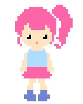 Cute girl pattern image with pink hair. Pixel girl image for 8 bit game assets Stock Illustration