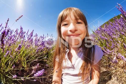 Cute girl playing hide and seek in lavender field Stock Photos