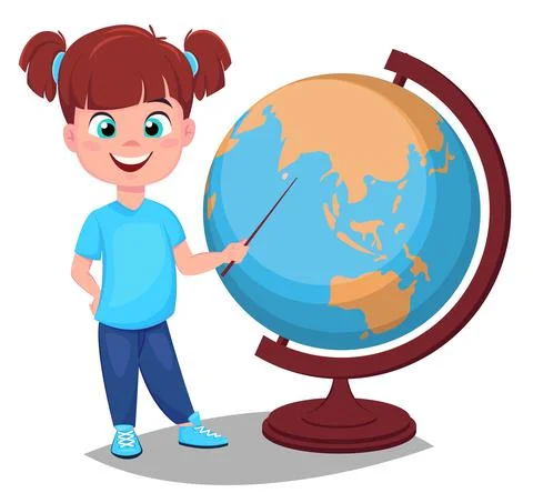 Cute girl points to the globe with a pointer. Pretty little schoolgirl. Cheer Stock Illustration