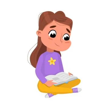 Cute Girl Reading Book while Sitting on Ffloor, Preschooler Kid or Elementary Stock Illustration