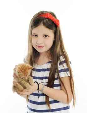 Cute girl with red kitty Stock Photos