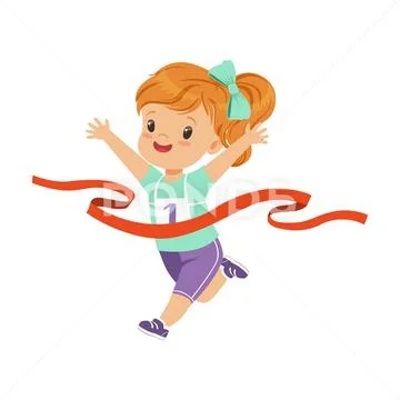 Cute girl running to the finish line first, kids physical activity concept Stock Illustration
