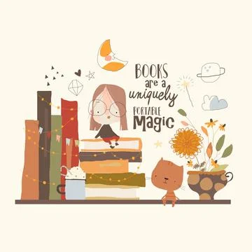 Cute Girl sitting on Big Stack of Books Stock Illustration