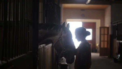 Cute girl in a stable stroge brown horse in dark background light play funny Video stock 98644341