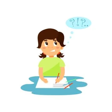 Cute girl thinking while writing in her notebook vector Illustration on a white Stock Illustration