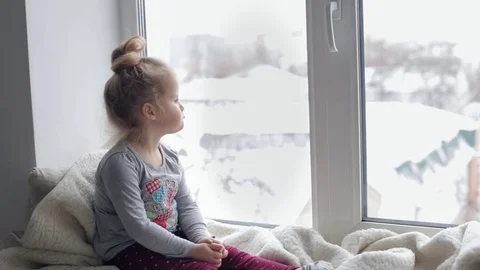 Cute girl touch window Video stock 69991749