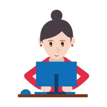 Cute girl using blue computer working Stock Illustration