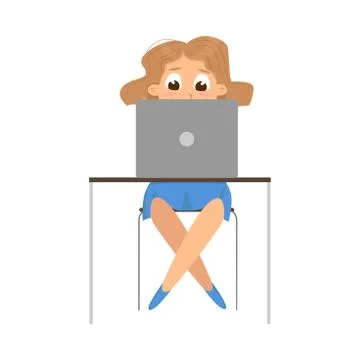 Cute Girl Using Laptop Computer at Desk, Front View, Online Education or Courses Stock Illustration