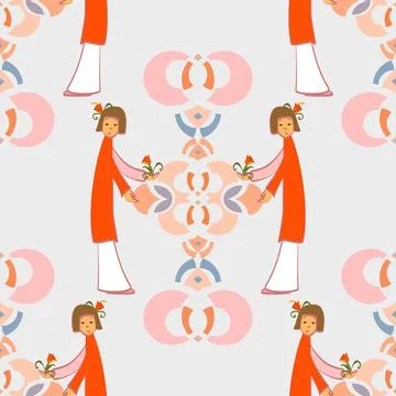 Cute Girl Vector Seamless Repeat Pattern With Geometric Shapes Backdrop Illustrazione stock
