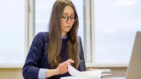 Cute girl work in office. Stock Footage 84480337