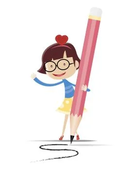 A cute girl writing by using the big pencil Stock Illustration