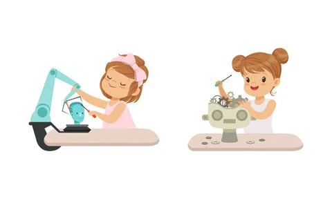 Cute Girls Creating Robot Models Set, Kids Building Robotic Technology, Hobby or Illustrazione stock