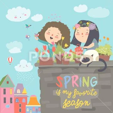 Cute girls standing on a balcony holding watering can in her hand and watering Stock Illustration