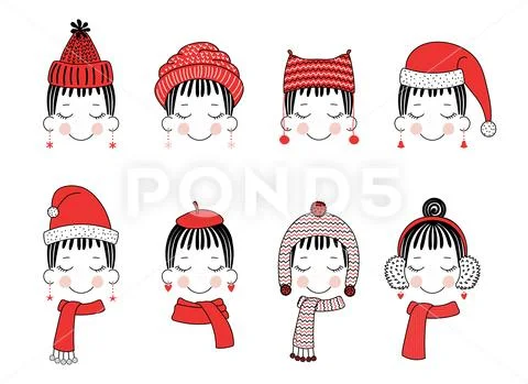 Cute girls in warm hats Stock Illustration