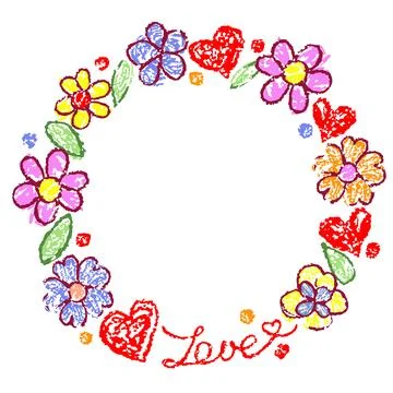 Cute girly funny round frame or vignette with blooming colorful flower. Stock Illustration