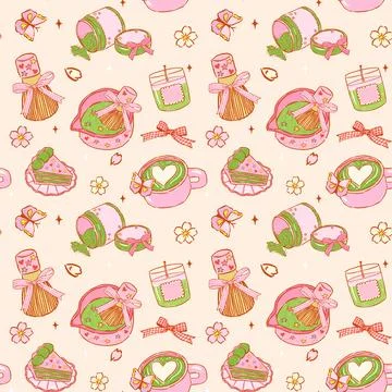 Cute Girly matcha seamless pattern with whimsical Coquette hand drawn doodl.. Stock Illustration
